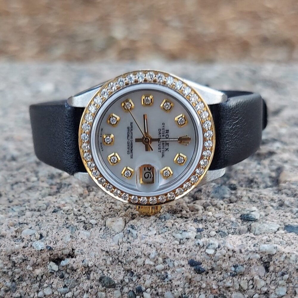 Rolex Ladies 26mm Datejust Two-Tone MOP Diamon on black leather
